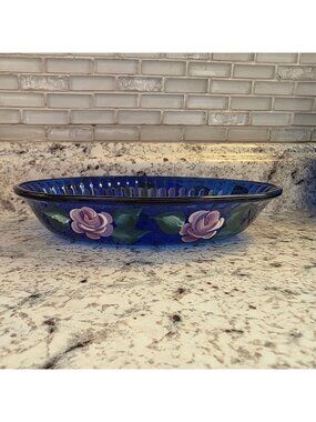 Colorex Hand Painted Cobalt Blue Glass Bowl With Floral Design Made in Brazil